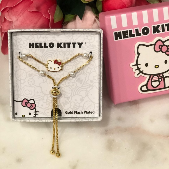 Hello Kitty Sanrio Yellow Gold Flash Plated Lariat Bracelet Imitation Pearls - Picture 3 of 8